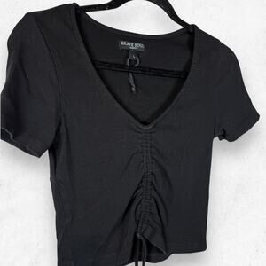 Brave Soul London Drawstring Front Crop Top Women's Size L Black Short Sleeves